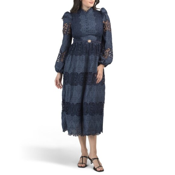 DALIA MACPHEE Navy Long Sleeve Lace Trim Dress With Pearl Belt